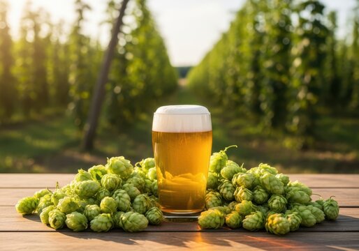 Glass of fresh beer with hops in a hop field