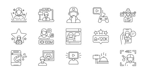Fototapeta premium Set of Linear Icons Representing Social Media Content Creators and Digital Streaming Influencer Activities