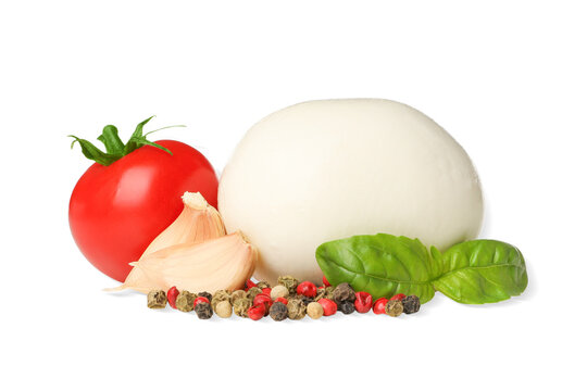 Fresh mozzarella with tomato, garlic, and basil, PNG