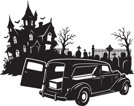 Vintage hearse parked near haunted mansion and cemetery at dusk in black and white illustration,Generative Ai