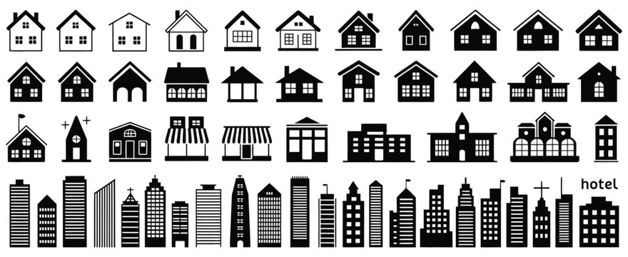 Big set of building and house icons collection featuring home signs real estate symbols and residential property designs in flat outline and line style.