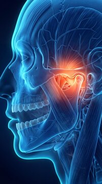 3d illustration of human skull with highlighted temporomandibular joint