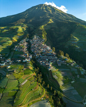 Aerial view of Nepal Van Java village nestled on the slopes of Mount Sumbing, surrounded by terraced vegetable fields and lush green hills in Kecamatan Kaliangkrik, Jawa Tengah, Indonesia.