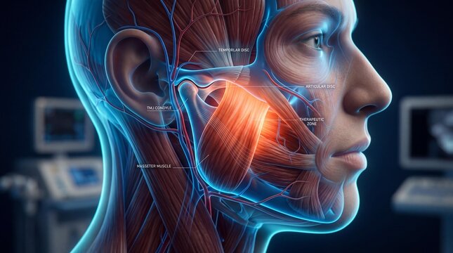 3d illustration of human head with highlighted temporomandibular joint
