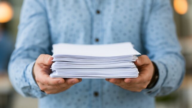 A person in a blue shirt holding a large stack of white envelopes, representing mail delivery or office administration.