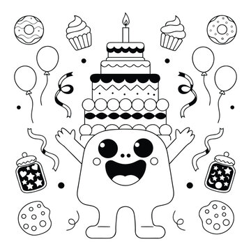 Cartoon monster celebrating birthday with cake and treats celebration