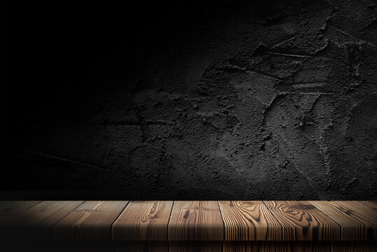 Wooden table in dark room background concept for advertising