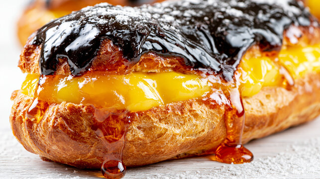 Delicious chocolate glazed eclair with sweet lemon custard filling drizzled with syrup