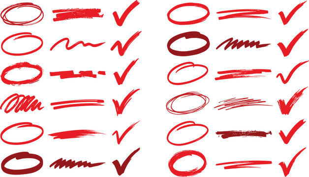 Red marker hand drawn circles underlines and check marks vector.Red marker hand drawn circles underlines and check marks vector.