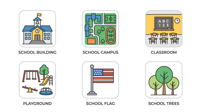 a school icon set, specifically showing a flat-style illustration of an American flag.