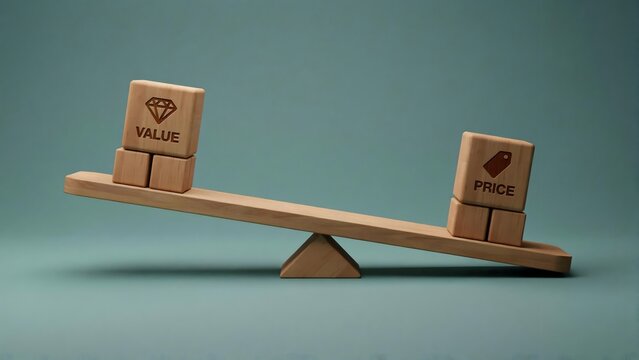 Concept of value and price represented by wooden blocks on a seesaw scale balance with comparison business economics strategy decision weighing measurement tradeoff stability