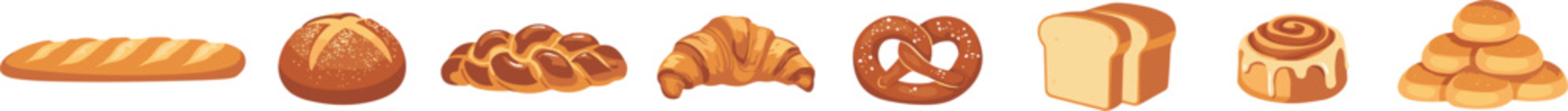 Bakery bread vector set featuring fresh baguette croissant pretzel cinnamon roll toast challah and buns isolated on a white background