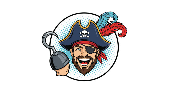 Jolly pirate captain with a beard eye patch and hook hand smiles inside a circular frame with red and blue feathers against a white background.