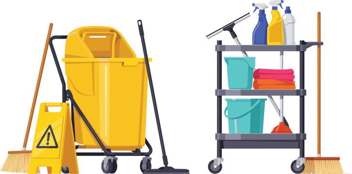 Commercial cleaning service vector elements set with yellow mop bucket cart broom spray bottles wet floor sign isolated on white background