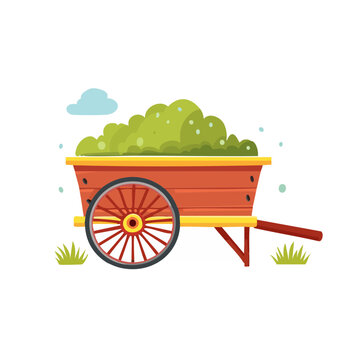 Cartoon farm cart with hay and wagon wheel