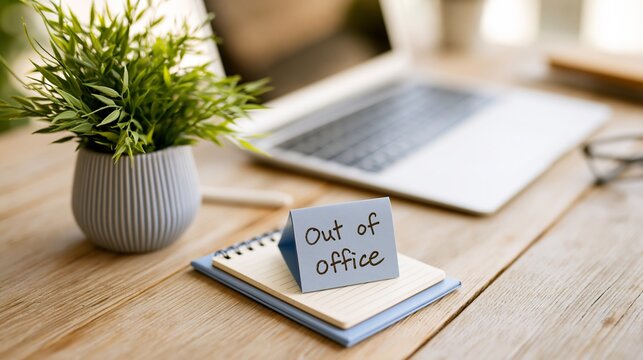 Out of office sign on notebooks with a laptop and plant on a wooden desk, symbolizing work-life balance and vacation.