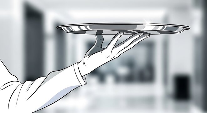 Hand holding serving tray in a room
