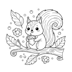 Fototapeta premium Cute squirrel coloring page for kids, adorable forest animal vector illustration, black and white line art of squirrel with acorn on a branch