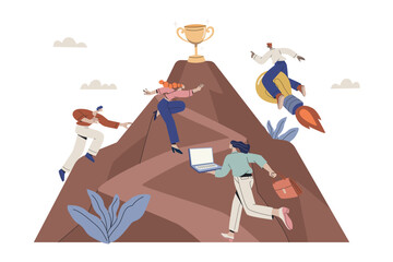 Fototapeta premium Businessmen and women compete to conquer the mountaintop and win trophies. Business planning and competition