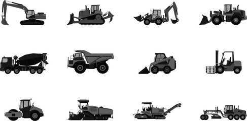 Heavy construction machinery and vehicles silhouettes set featuring excavator bulldozer dump truck concrete mixer and forklift icons isolated on white background (21 words) © sakhina