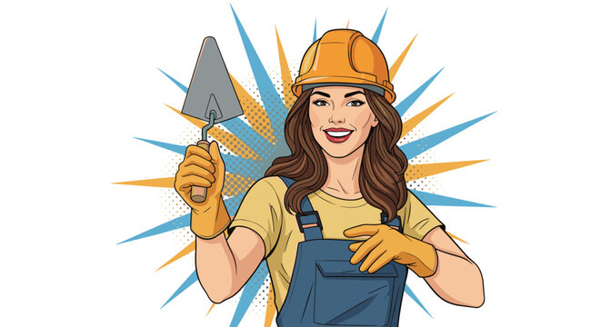 Skilled female construction worker wearing a yellow hard hat and gloves holds a trowel against a starburst background.