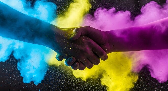 Hands shaking with colorful powder explosion