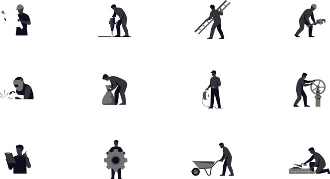 Industrial construction workers and engineers silhouettes set featuring builders mechanics manual laborers and technicians performing tasks isolated on white background (21 words)