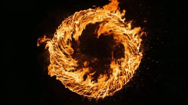 Fiery ring of flames spinning in dark void