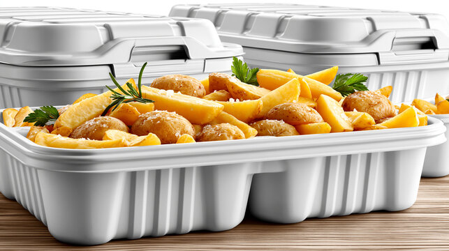 Styrofoam food takeout containers packed with fried potato wedges and herbs on wooden table