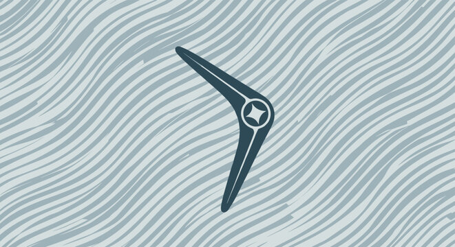 Minimalist icon of a boomerang depicted in a dark blue color against a light blue wavy pattern background.