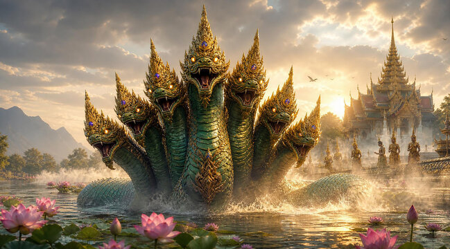 Majestic Seven-Headed Sacred Naga Rising from Mystical Waters Near Ancient Thai Temple at Sunrise, Ultra Realistic Mythological Fantasy Art