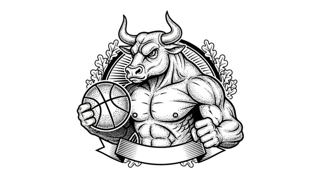 Strong bull mascot holding basketball with ribbon banner.