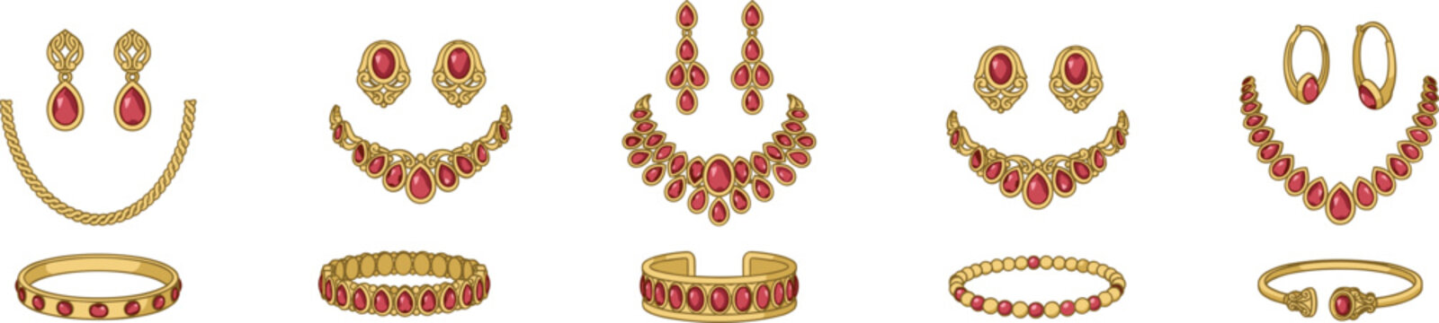 Luxury gold and ruby jewelry sets vector illustration featuring matching necklaces earrings and bracelets icons isolated on white background (20 words)