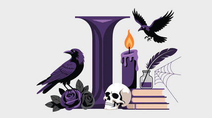Obraz premium Mystical letter I with perched raven, flying bird, burning candle, skull, and ancient books