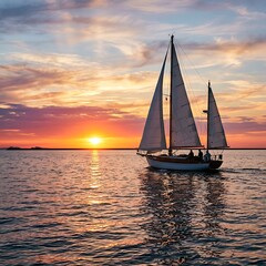 Fototapeta premium A sailboat gliding on calm water during a vibrant orange and purple sunset with a clear horizon line and soft reflections on the sea surface