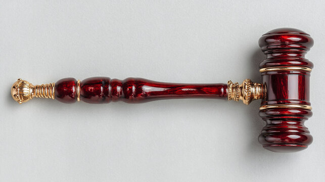 Traditional dark wood judge gavel with gold band detail legal system gray background decision