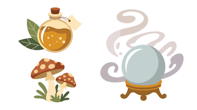 Mystical potion bottle with mushrooms and a glowing crystal ball for magic
