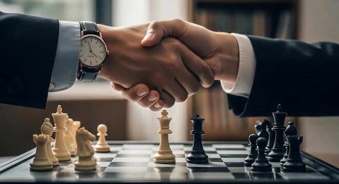 Handshake over chessboard pieces, business strategy agreement