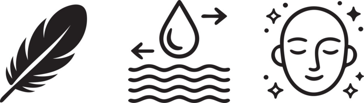 Minimalist skincare and beauty icons featuring feather waterdrop and face