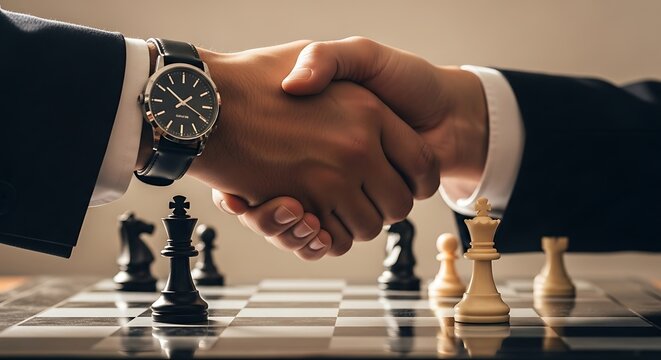 Business handshake over chessboard pieces, agreement strategy
