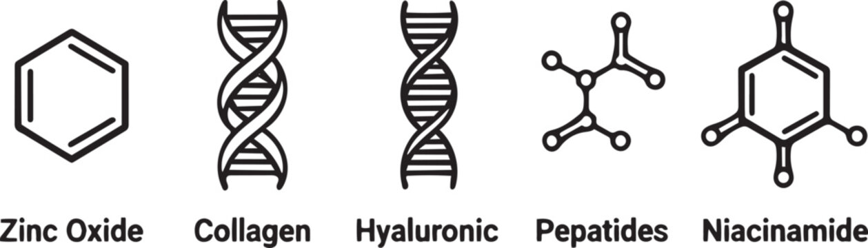 Skincare ingredients icons zinc oxide collagen hyaluronic acid peptides niacinamide