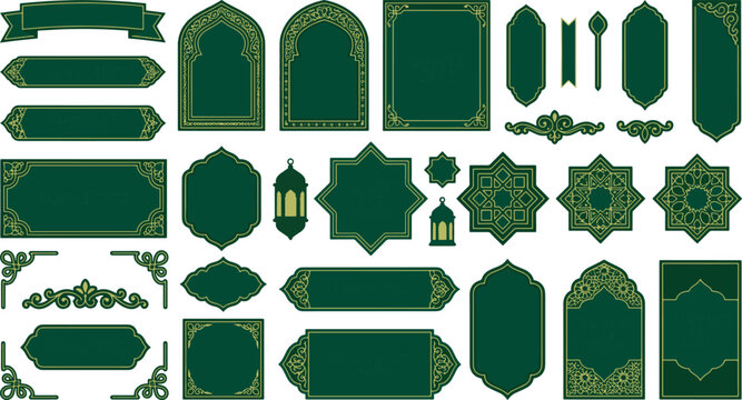 Decorative islamic style borders and frames set with lanterns in dark green and gold ornament traditional geometric invitation celebration oriental graphics collection religion