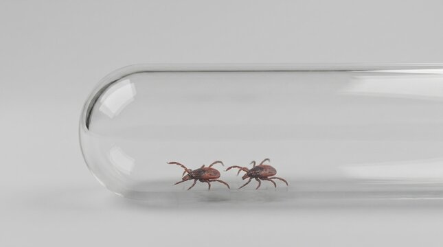  Macro close-up of two dangerous ticks crawling inside a glass test tube. Medical laboratory testing for Lyme disease and encephalitis