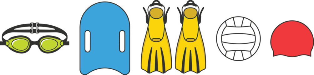 Essential water sports gear including swimming goggles, kickboard, flippers, ball, and swim cap © KhadizaAkter
