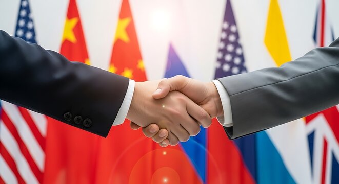 Handshake between two businessmen symbolizing diplomacy and international cooperation