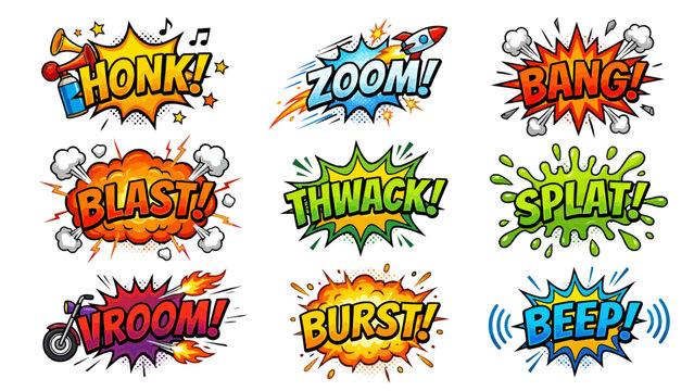 Colorful comic book style vector graphic collection featuring various explosive sound effect bubbles with dynamic typography and vibrant cartoon elements