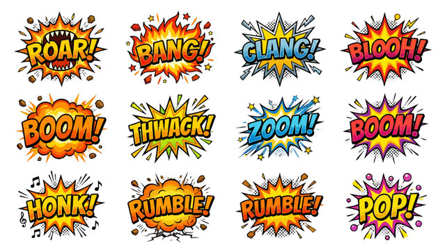 Colorful comic book style explosion speech bubbles featuring various sound effects in a vibrant flat vector graphic design collection set