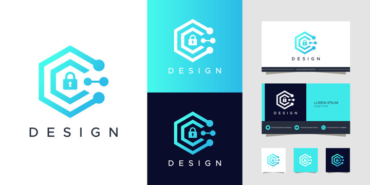 Modern hexagonal security network logo design concept with padlock icon and business card mockups in gradient blue.