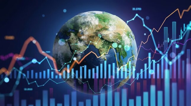 planet Earth with glowing digital financial charts and market growth graphs representing global economics.