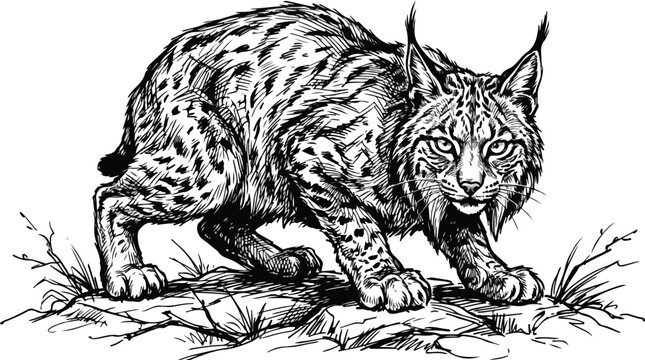 Vintage lynx illustration in hand-drawn woodcut style, wild bobcat predator vector art, black and white feline sketch for hunting and nature logos